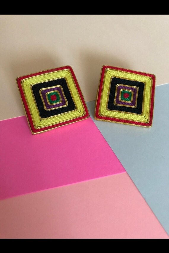 Vintage Square Yarn Thread Statement Earrings Bol… - image 2