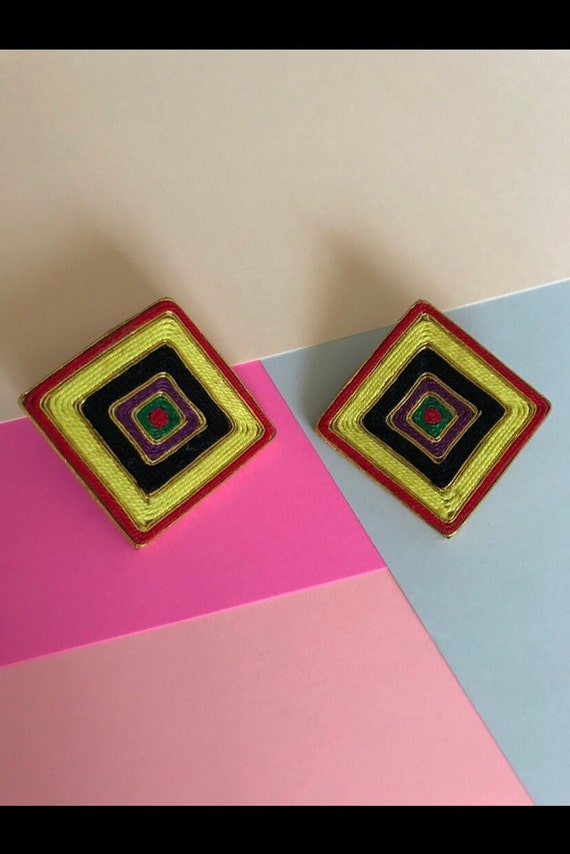 Vintage Square Yarn Thread Statement Earrings Bold