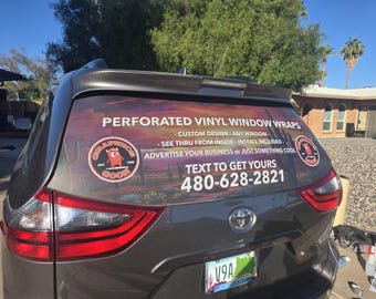 Adesivo per lunotto posteriore in vinile perforato, grafica, per bagagliaio, vetro, trasparente dall'interno, pubblicizza il numero di telefono aziendale, il logo, il codice QR