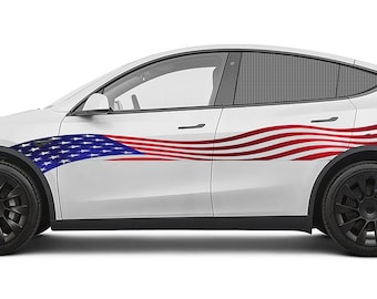 Adesivo per auto Tesla Y: bandiera americana svolazzante, grafica patriottica per veicoli.