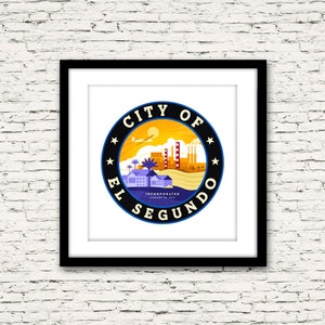 May include: A black and white seal with the text "City of El Segundo" in a blue circle. The seal depicts a stylized cityscape with a yellow sun and a plane flying overhead. The text "Incorporated January 18, 1917" is also included.