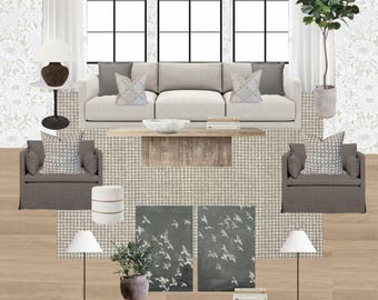 Virtuelle Inneneinrichtung Paket | Personalisierte Online Home Styling | Benutzerdefinierte Stimmungstafeln und Layouts | E-Design Angebote WOHNZIMMER