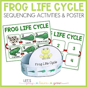 May include: A colorful educational poster and sequencing activity set illustrating the frog life cycle. The set includes a wheel with stages of development and a poster with numbered stages. The text reads "Frog Life Cycle" and "Sequencing Activities & Poster."