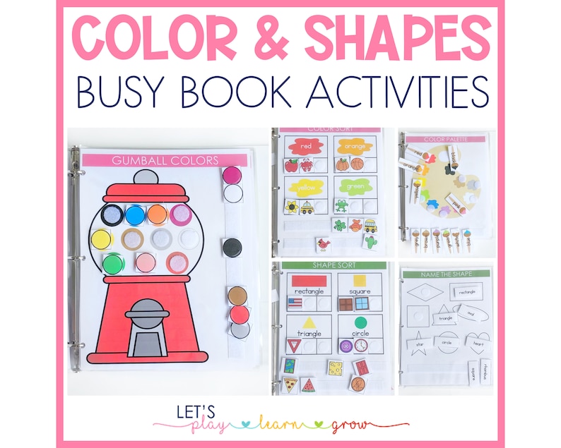 May include: A colorful busy book for kids with activities focused on colors and shapes. The book includes pages with a gumball machine, a color palette, a shape sort, and a name the shape activity.