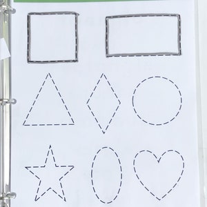May include: A worksheet with the words "SHAPE TRACE" at the top. There are eight different shapes to trace: a square, rectangle, triangle, diamond, circle, star, oval, and heart.