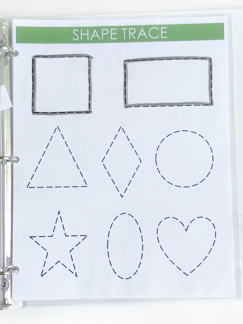 May include: A worksheet with the words "SHAPE TRACE" at the top. There are eight different shapes to trace: a square, rectangle, triangle, diamond, circle, star, oval, and heart.