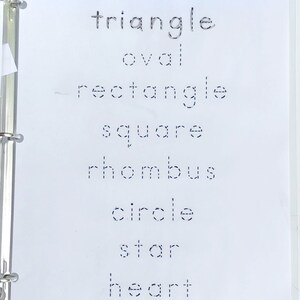 May include: A white page with the words "SHAPE WORDS" at the top. The words "triangle", "oval", "rectangle", "square", "rhombus", "circle", "star", and "heart" are written in dotted lines.