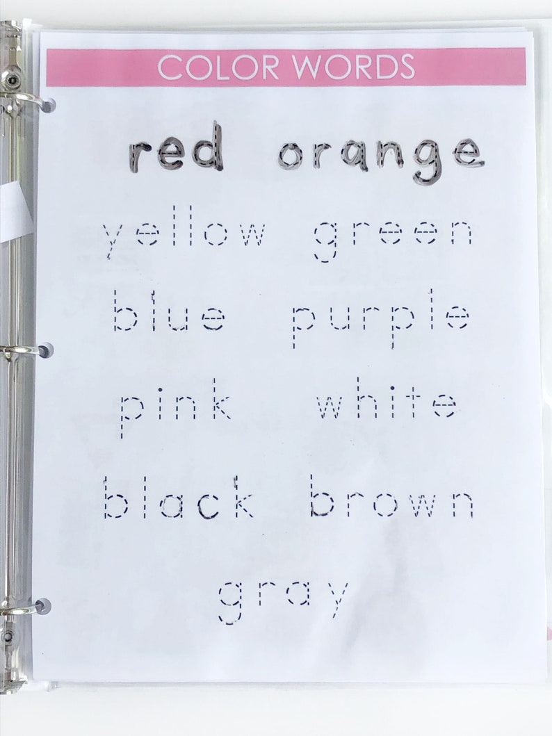 May include: A printable worksheet with dotted lines for tracing the words for the colors red, orange, yellow, green, blue, purple, pink, white, black, brown, and gray.