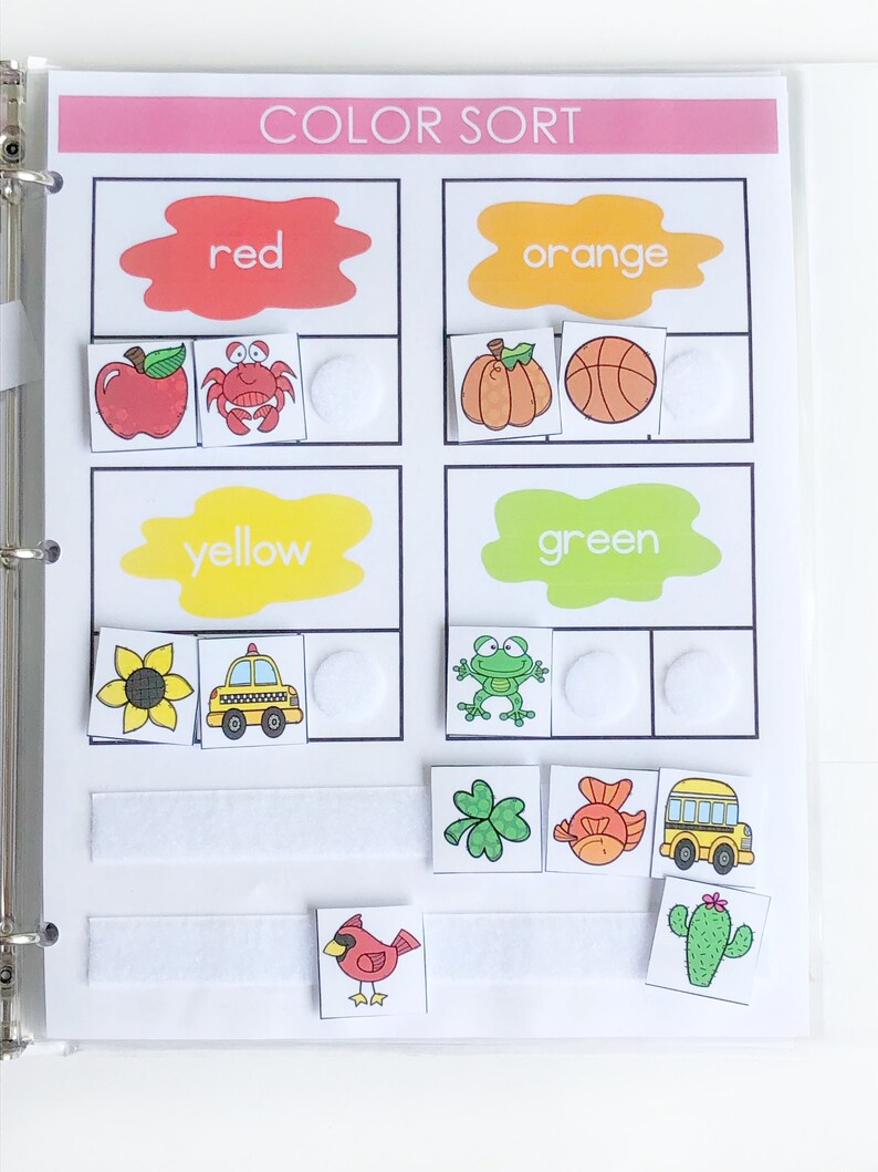 May include: A color sorting activity for kids featuring images of a red apple, crab, pumpkin, basketball, yellow sunflower, taxi, green frog, clover, fish, school bus, and a red cardinal. The activity includes the words "color sort", "red", "orange", "yellow", "green", and white velcro dots.