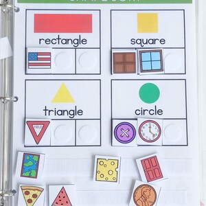 May include: A printable shape sort activity for kids. The worksheet has four sections with different shapes: rectangle, square, triangle, and circle. Each section has a picture of the shape and a space for children to place the corresponding shape from the provided set of shapes.