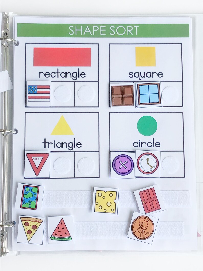 May include: A printable shape sort activity for kids. The worksheet has four sections with different shapes: rectangle, square, triangle, and circle. Each section has a picture of the shape and a space for children to place the corresponding shape from the provided set of shapes.