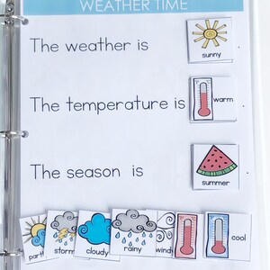 May include: A printable weather chart with a sun, thermometer, watermelon, and clouds with different weather conditions. The text on the chart reads "Weather Time", "The weather is", "The temperature is", "The season is", "sunny", "warm", "summer", "party", "storm", "cloudy", "rainy", "windy", "cool".