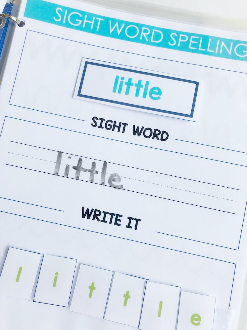 May include: A worksheet for learning sight words. The word "little" is written in a blue box at the top of the page. The word is written again in a blank line below the box. The word is also spelled out with letter tiles below the line. The words "Sight Word" and "Write It" are printed on the page.
