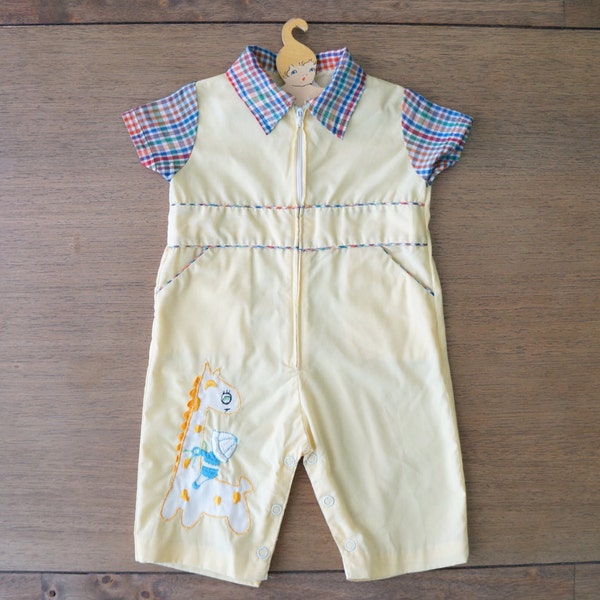 Vintage Baby Clothes, Baby Boy Yellow Giraffe Rompers with Plaid Collar and Pockets, 3-6 Months