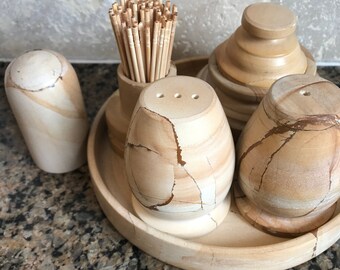 Unique Stoneware Condiment Set/Salt & Pepper/Mustard Pot/Toothpick Holder