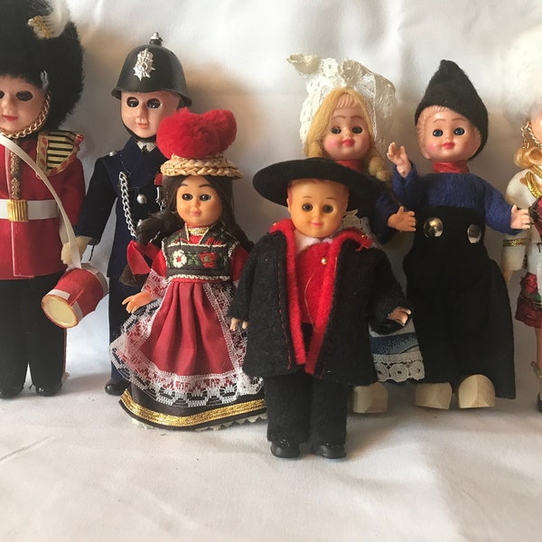 Lot of International Miniature Dolls/Celluloid/Posable Arms/Sleeping Eyes/Real Fabric Costumes