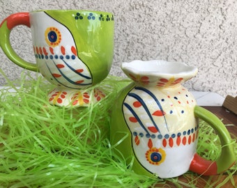 ANTHROPOLOGIE/ELKA AYAKA/Parrot Design/Set of 2 /Ceramic Mugs/Hand Painted