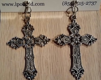 Beautiful Large Dangling Silver Cross Earrings - FREE US SHIPPING!!