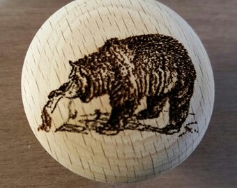 Rustic Decor Laser Engraved Kodiak Bear Wooden Knob