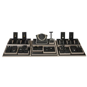 28 Piece Jewelry Display Set in Black Leatherette and Gold Embellishments