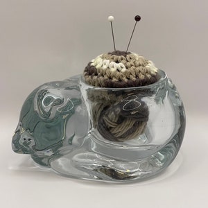 Cat pincushion for sewing pins and needles or hat pins. Handmade from up-cycled container