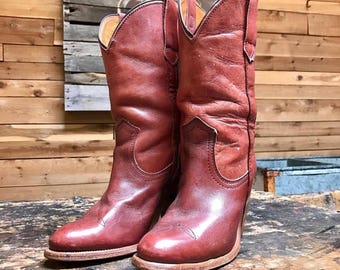 Vintage Frye Cowgirl Boots Vtg Rust Red Leather Western Boots with Stacked Wooden Heel Made in USA Women's Size 5 1/2