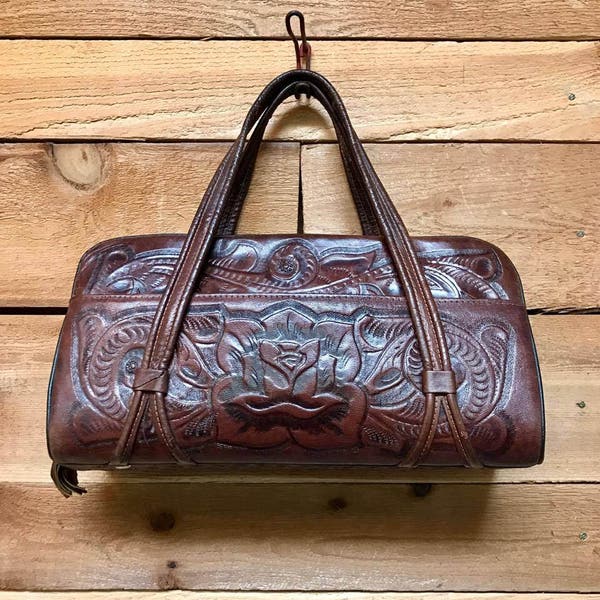 Vintage 1960s Hand Tooled Purse Vtg 60s Handcrafted Brown Leather Purse Mexican Handbag