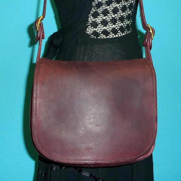 Vintage COACH Early 1970's Rare Burgundy Purple Rugged Weathered Leather Satchel Saddle Flap Cross Body Messenger Purse Bag Made in NYC USA