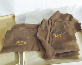 1950s Vintage Nylon Hosiery in Original Box - Two Pair Brown Taupette Hose w Heel and Toe - Korvette Dept Store - Size M 10 1/2 - Stockings