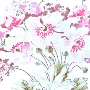 May include: A floral pattern featuring large white flowers with pink and purple accents, set against a white background. The design includes detailed leaves in shades of green and brown, creating a vintage aesthetic.