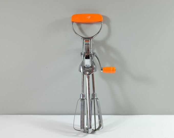 Vintage Orange Hand Crank Mixer Egg Beater Stainless Steel Orange