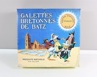 Vintage French "Galettes Bretonnes de Batz" Biscuit Large Metal Tin Can  - Made in France - Biscuit Tin - Metal sugar tin