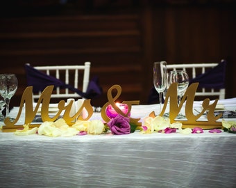 Mr Mrs Wedding Table Signs for Sweetheart Table Decor Wooden Letters, GOLD Large Mr & Mrs Sign Set