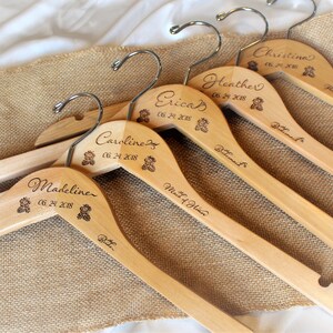 Set of FIVE, Personalized Wedding Hangers, Bridesmaid Dress, Wedding Dress, Wooden Engraved Hanger, Wedding Dress Hanger, Bridal Hanger