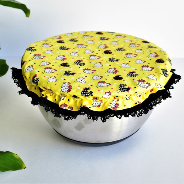 Fabric cover for  bowls, fruit bowl cover, sourdough starter,  birthday gift for, hens and eggs cotton bowl cover, bowl and dish cover