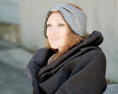 Fashion pałąk Earwarmer/szara tkanina wełniana haftowana czarnymi koralikami/unikalna jedyna w swoim rodzaju ograniczona