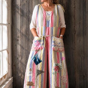 One-of-a-Kind Upcycled Linen Jumpsuit: Boho Patchwork Wide Leg Romper Artisan Handmade Striped Overalls Romantic Style One Size OSFM