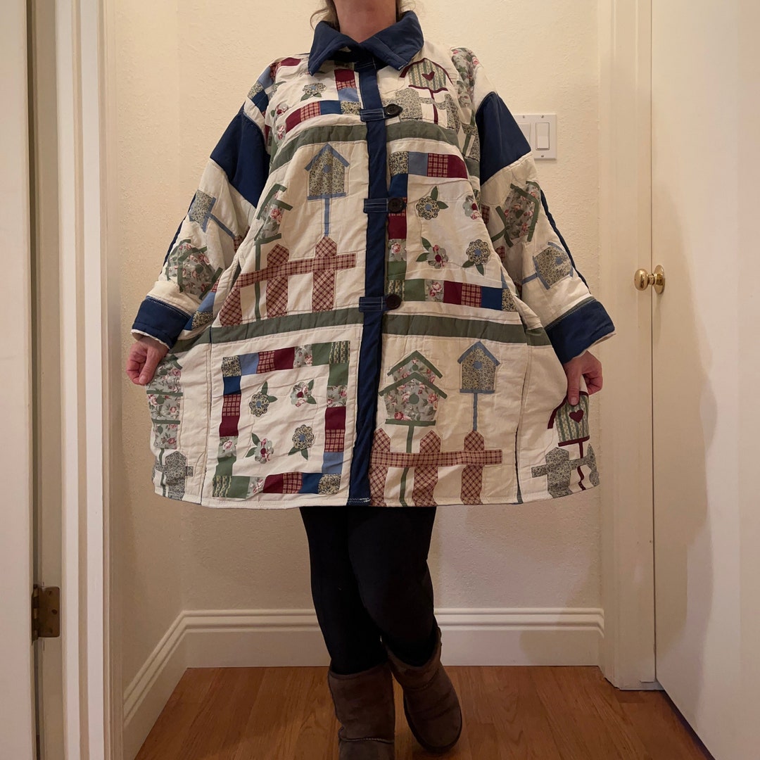 Vintage Old Quilt Coat Kimono Birdhouse Flowers Oversized Handcrafted