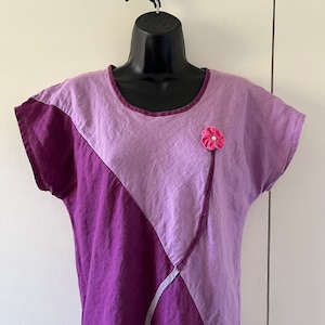 Linen Dress Handmade from Reclaimed Fabric Flower Applique Uneven Hem Maxi A-Line Purple Short Sleeve M-L
