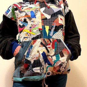 OOAK Upcycled Patchwork Hoodie Sweatshirt Festival Fashion Sustainable Clothing Reclaimed Denim Wearable Art Y2K Unisex Size M