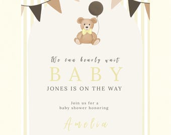 Inbjudan till babyshower — Mall för gult tema med "We Can Bearly Wait" — Redigerbar digital nedladdning