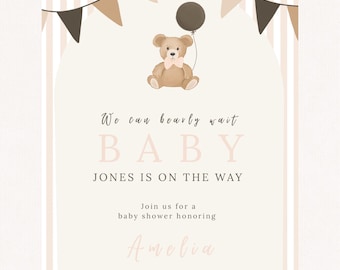 Inbjudan till babyshower med nallebjörn, pastellrosa, Vi kan verkligen vänta (digital nedladdning)