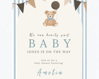 Inbjudan till babyshower — Mall för inbjudan med blått tema Vi kan vänta länge — Redigerbar digital nedladdning