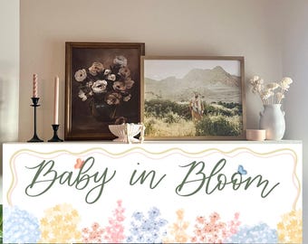 Babyshower-banderoll | Digital nedladdning handritad | Blommigt tema för Baby in Bloom