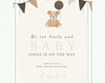 Inbjudan till babyshower med nallebjörn, pastellgrön, Vi kan verkligen vänta (digital nedladdning)