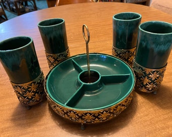 Midcentury Modern Ceramic Tumblers & Snack Tray in Decorative Metal Holders Set of 4 Glasses and 1 Tray Green Drip Glaze