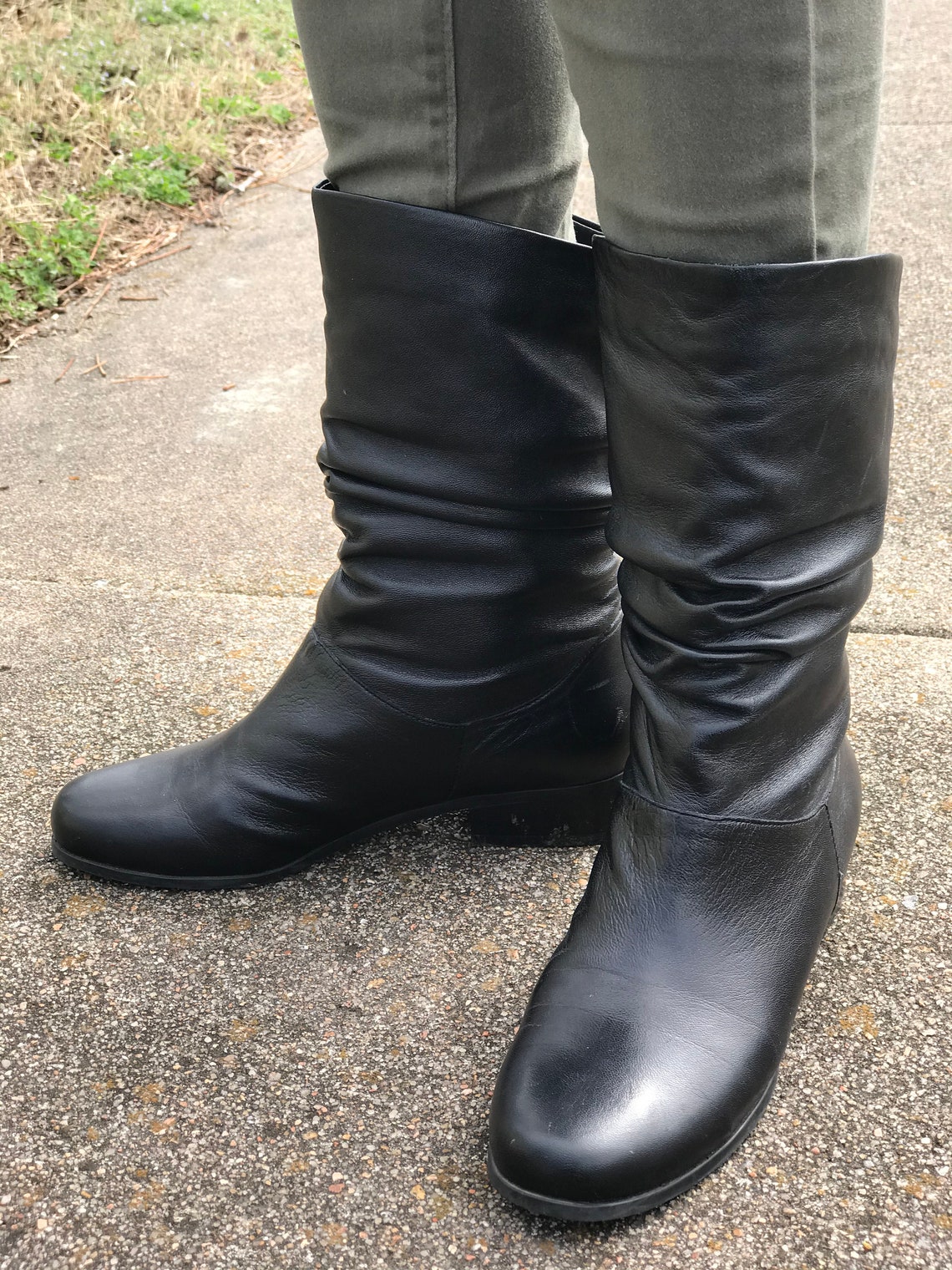 black leather mid calf boots low heel