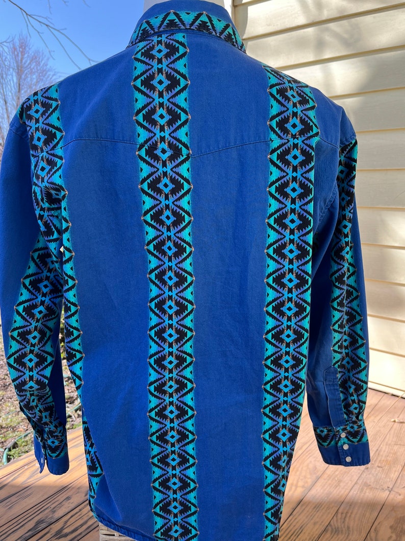 Rustler by Wrangler Aztec Design Western Shirt Blue Turquoise and Black Mens Large 1990s image 4