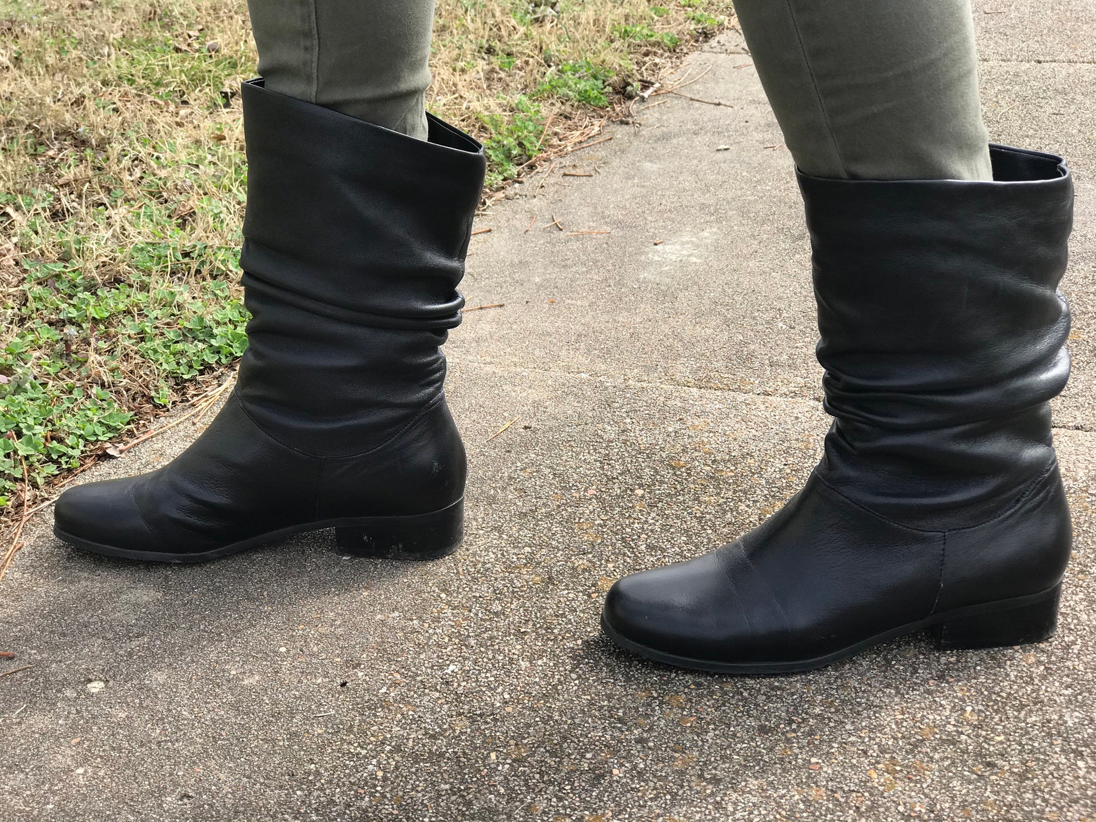 black leather mid calf boots low heel