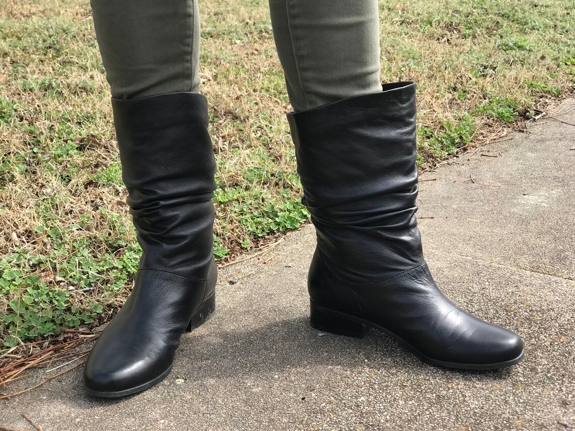 black leather mid calf boots low heel